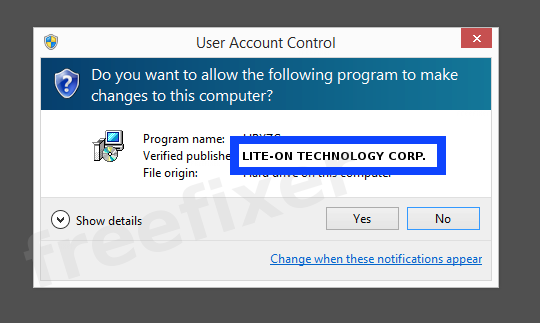 Screenshot where LITE-ON TECHNOLOGY CORP. appears as the verified publisher in the UAC dialog